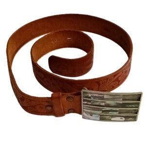 Vintage Wide Brown Genuine Etched Leather Belt‎ w/Mother of Pearl Buckle Size 36